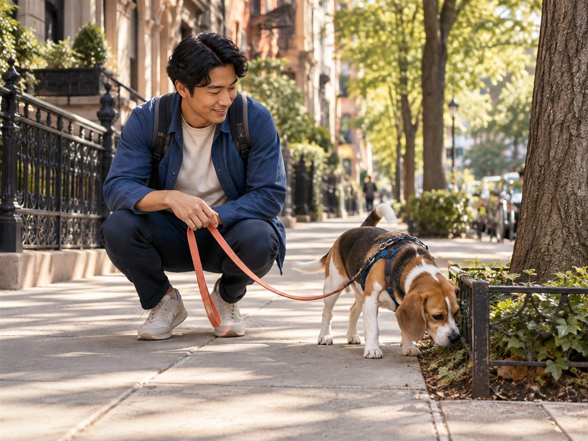 A walker crouches patiently while a beagle sniffs at a tree on a sunny sidewalk