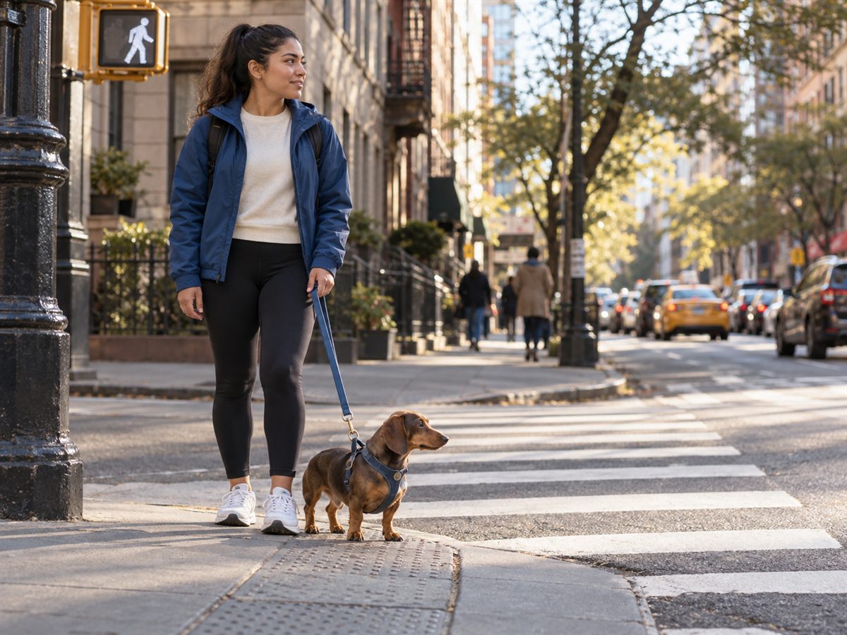 A walker waits at a crosswalk with a dachshund on a short leash