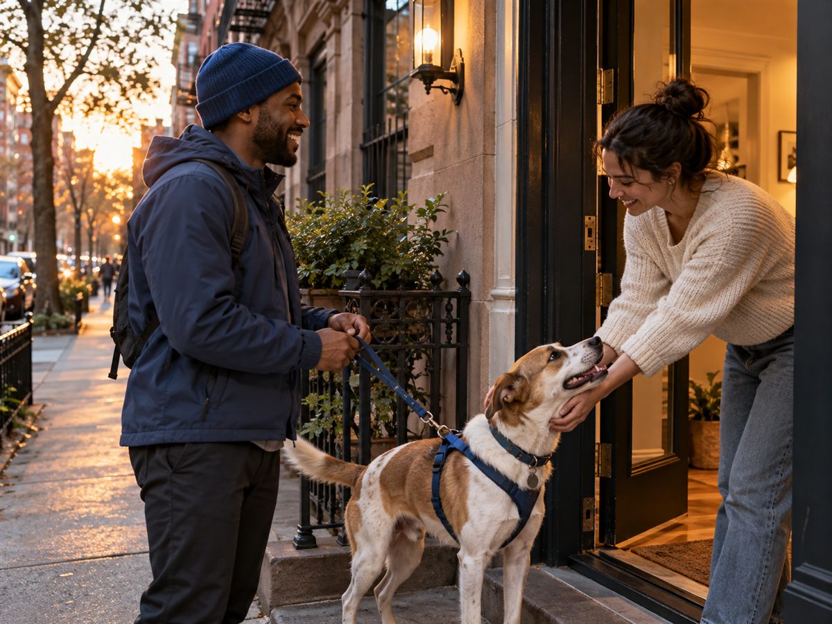 A walker returns a dog to its owner at the front door in the evening light