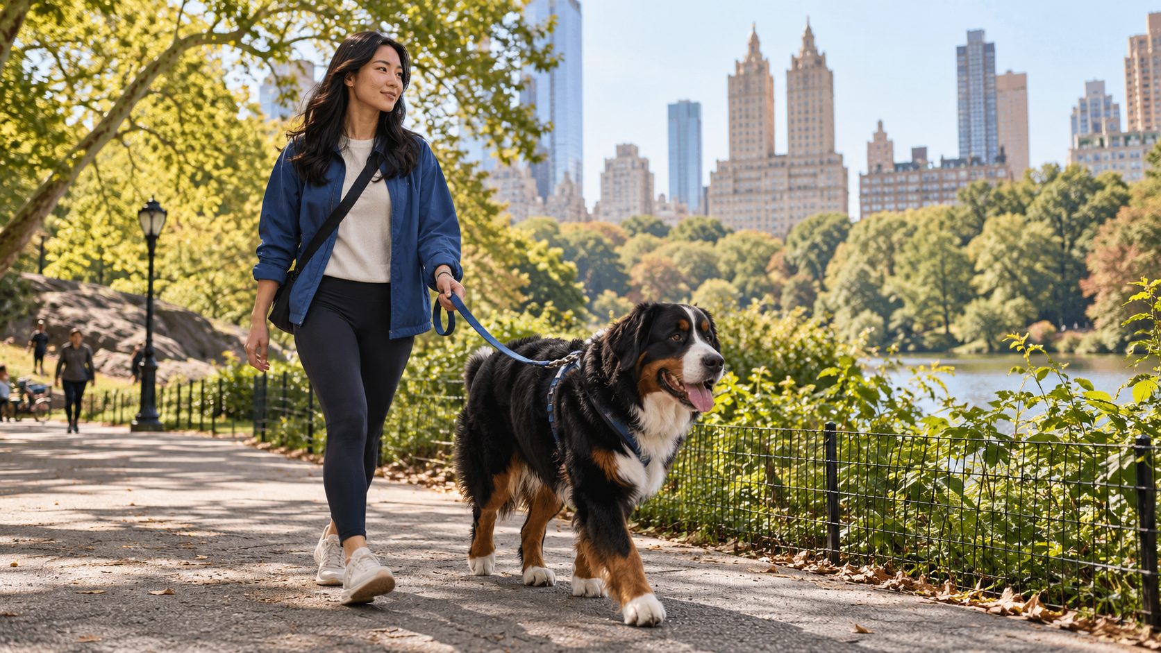 A walker strolls a Bernese mountain dog along a sunny park path