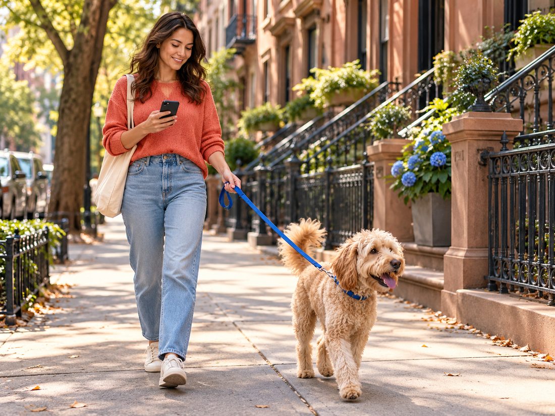 A dog owner glancing at her phone while her dog walks ahead on a city sidewalk