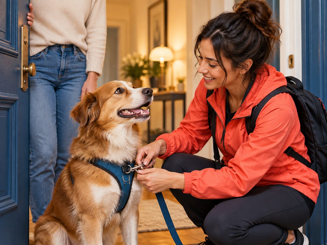 A Dote walker kneeling to clip a leash onto a dog at an apartment doorway