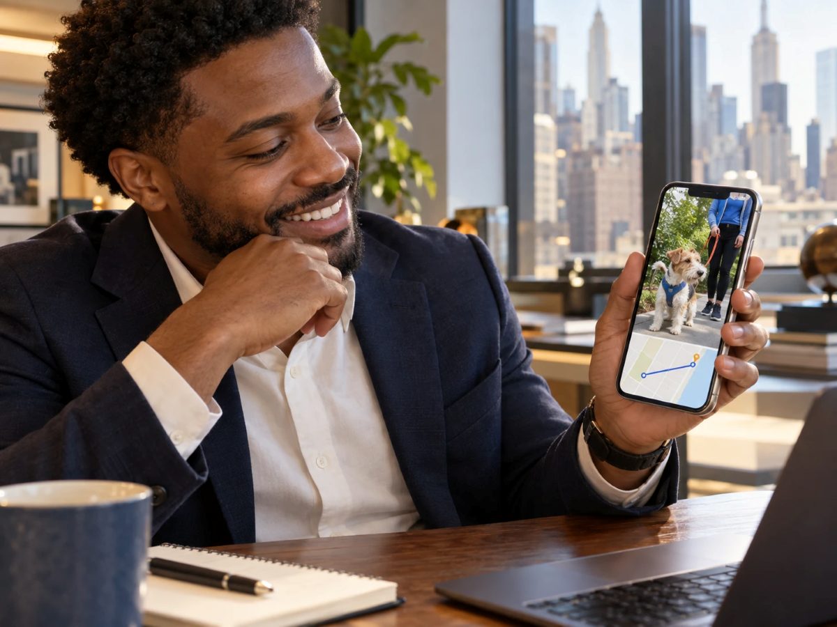 An owner at his desk smiles at a phone showing a live walk map and a photo of his dog