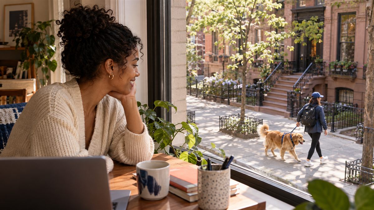 A person working from home smiles as a walker takes a golden retriever past the window