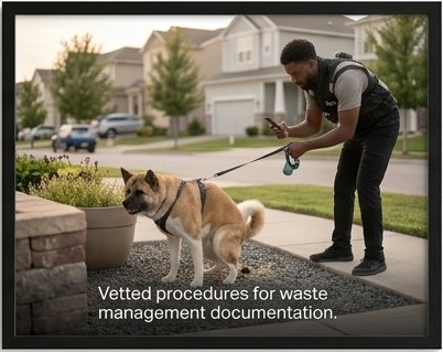 A walker in a Dote vest checks his phone on a residential street while a tan dog finishes a potty break