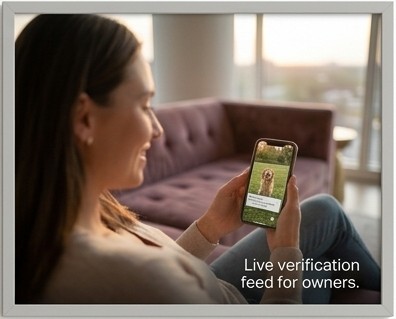 An owner on a sofa looks at a phone showing a live photo feed of her dog