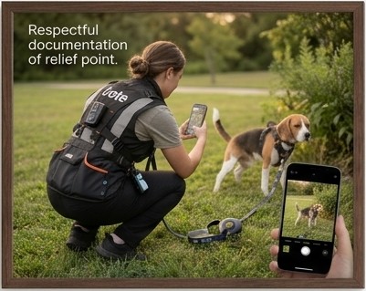A walker in a Dote vest crouches in a park and photographs a beagle on a lead; a phone in the foreground shows the photo being taken