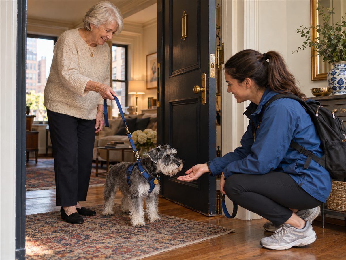 An older woman hands her small schnauzer to a smiling walker at her apartment door