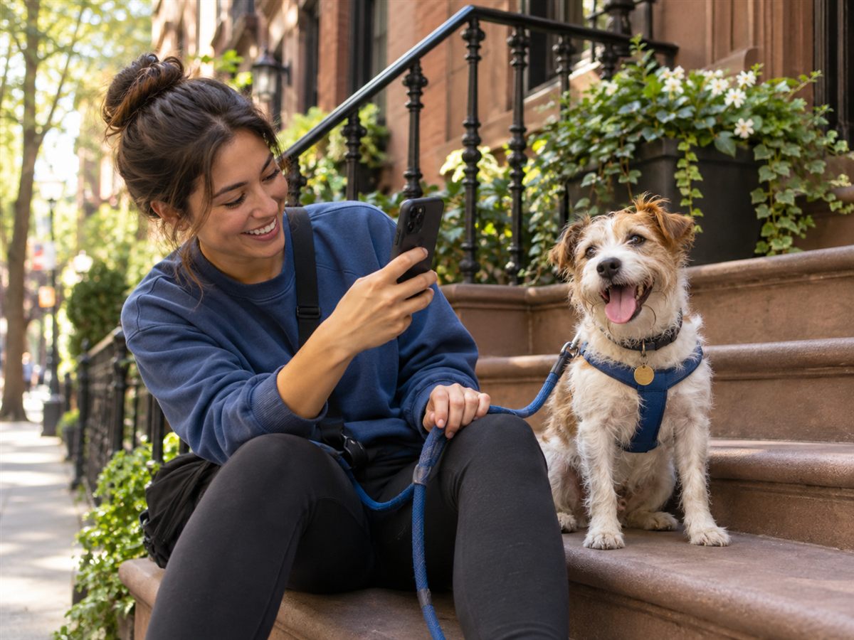 A smiling dog walker takes a photo of a happy terrier on brownstone steps