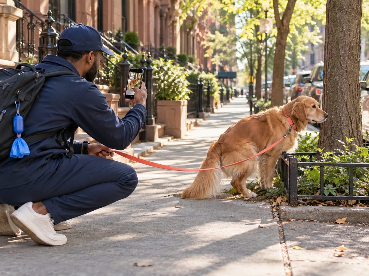A walker crouches on a tree-lined sidewalk to photograph a golden retriever and send the owner a photo update